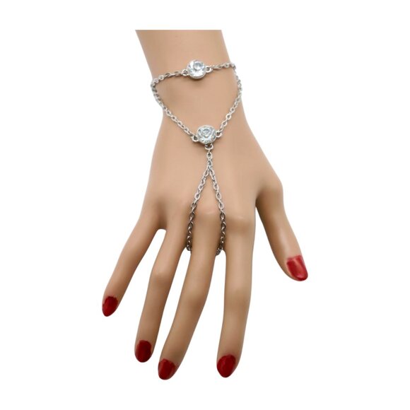 New Women Silver Metal Hand Chain Fashion Bracelet Connected Ring 2 Bling Beads - Picture 14 of 17